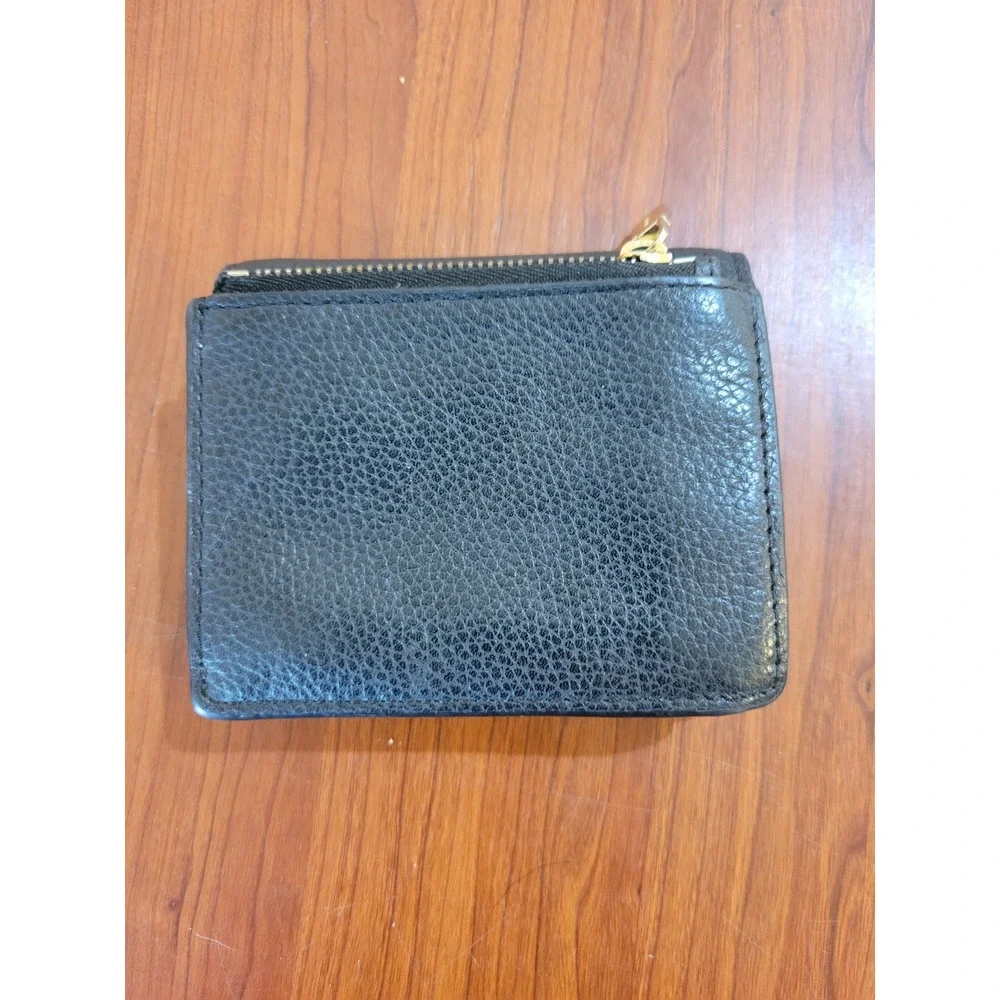 Michael Kors Black Pebbled Leather Bifold Compact Wallet Gold Logo Zipper Pocket